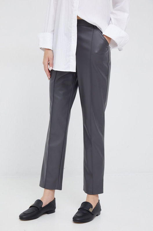 Sisley Pantaloni Femei, Culoarea Gri, Drept, High Waist Dama, Imitatie De Piele