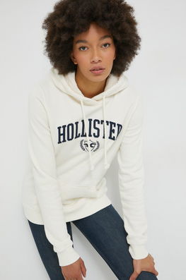Hollister Co. Bluza Femei, Culoarea Bej, Cu Glugă, Cu Imprimeu Dama