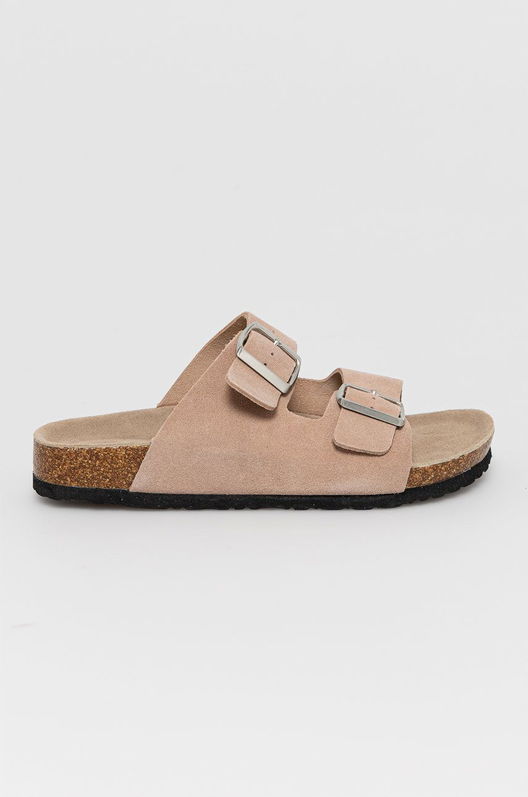 Papuci Din Piele Summer Linen Medicine Dama Roz, Piele Intoarsa, Toc Plat