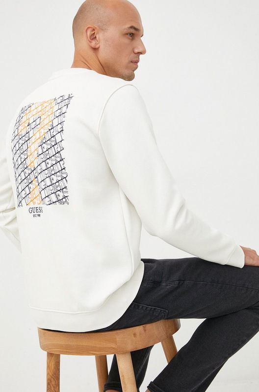 Guess Bluza Barbati, Culoarea Bej, Cu Imprimeu Bărbaţi