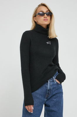 Tommy Jeans Pulover Femei, Culoarea Negru, Light, Cu Guler Dama, Model Imprimeu