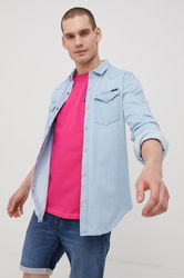 Superdry Camasa Jeans Barbati, Cu Guler Clasic, Regular Bărbaţi Albastru, Bumbac, Casual