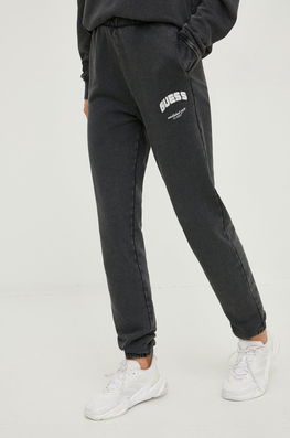 Guess Pantaloni De Trening Din Bumbac Femei, Culoarea Gri, Cu Imprimeu Dama, Model Print