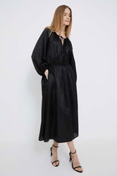 Dkny Rochie Din Amestec De Matase Culoarea Negru, Midi, Evazati Dama, Panza, Casual