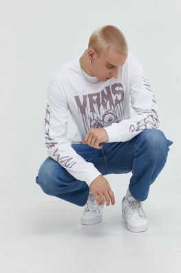 Vans Longsleeve Din Bumbac Culoarea Alb, Cu Imprimeu Bărbaţi, Model Print