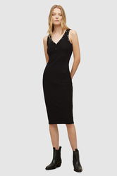 AllSaints Rochie Culoarea Negru, Midi, Mulata Dama, Tricotaj, Casual