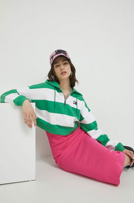 Tommy Jeans Hanorac De Bumbac Femei, Culoarea Verde, Cu Glugă, Modelator Dama