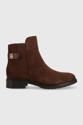 Tommy Hilfiger Botine Din Piele Intoarsa Th Suede Flat Boot Femei, Culoarea Maro, Cu Toc Plat Dama