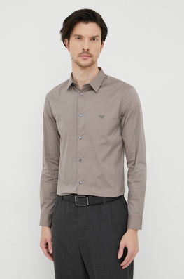 Emporio Armani Camasa Barbati, Culoarea Negru, Cu Guler Clasic, Regular Bărbaţi Maro, Cu Elastan, Elegant
