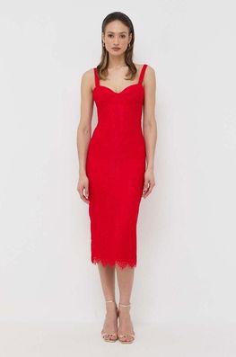 Bardot Rochie Culoarea Rosu, Midi, Drept Dama, Dantela, Cocktail