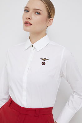 Aeronautica Militare Camasa Femei, Culoarea Alb, Cu Guler Clasic, Regular Dama, Cu Elastan, Casual, Model Imprimeu
