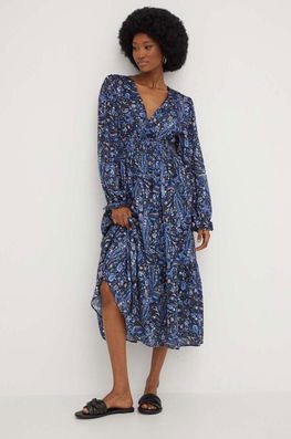Answear Lab Rochie Midi, Evazati Dama Albastru, Panza, Casual, Model Flori