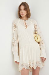 Patrizia Pepe Rochie Culoarea Bej, Mini, Drept Dama, Panza, Casual, Model Imprimeu