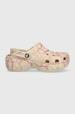 Crocs Papuci Classic Platform Snake Print Clog Femei, Culoarea Bej, Cu Platforma, 208231 Dama, Sintetic