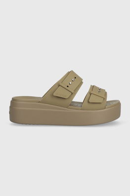Crocs Papuci Brooklyn Low Wedge Sandal Femei, Culoarea Verde, Cu Platforma, 207431 Dama, Sintetic