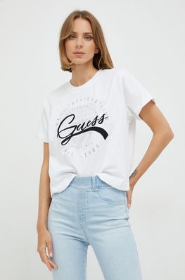 Guess Tricou Din Bumbac Culoarea Alb Dama, Model Imprimeu