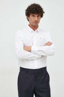 Calvin Klein Camasa Barbati, Culoarea Alb, Cu Guler Clasic, Slim Bărbaţi, Cu Elastan, Casual