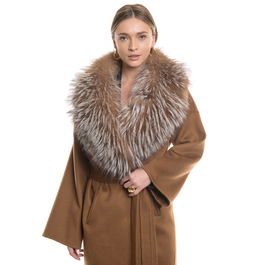 Palton dublu casmir si lana cu guler amplu blana vulpe crystal gray, culoare camel