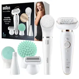 Set de infrumusetare Braun Silk-épil 9 Flex 9300, Epilator cu cap flexibil, Tehnologie SensoSmart, Epilator facial, Wet&Dry, Acumulator, Alb/Auriu