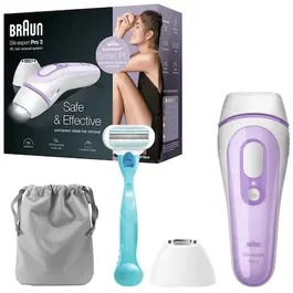 Epilator IPL Braun Silk-expert PRO 3 PL3111, SensoAdapt™, 300.000 impulsuri, 3 niveluri de intensitate, corp si fata, cap de precizie, aparat de ras Venus, Saculet de calatorie, Alb/Mov