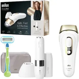 Epilator IPL Braun Silk-expert PRO 5 PL5129 + Mini aparat pentru indepartarea parului facial, SensoAdapt™, 400.000 impulsuri, 10 niveluri de intensitate, corp si fata, cap de precizie, aparat de ras Venus, Trusa de calatorie, Alb/Auriu