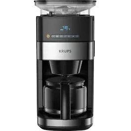 Cafetiera Krups Grind&Brew KM832810, vas din sticla, 1.25L, rasnita de cafea metalica, 3 setari, display digital, cronometru, Negru/Metalic