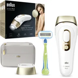 Epilator IPL Braun Silk-expert PRO 5 PL5054 Senzor automat & continuu Skin pro 2.0, 400.000 impulsuri, 10 niveluri de intensitate, 125 de impulsuri pe minut, Trusa de voiaj, Aparat de ras Venus, Alb/Auriu