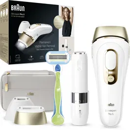 Epilator IPL Braun Silk-expert PRO 5 PL5159 Senzor automat & continuu Skin pro 2.0, 400.000 impulsuri, 10 niveluri de intensitate, 125 de impulsuri pe minut, cap de precizie, Trusa de voiaj, Aparat de ras Venus, Mini epilator facial, Alb/Auriu