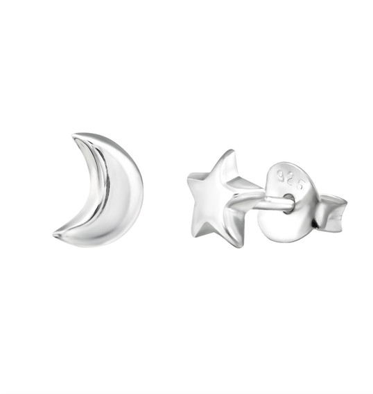 Cercei argint dama, argint 925, stea si luna, argintiu, prindere surub, 0,40gr