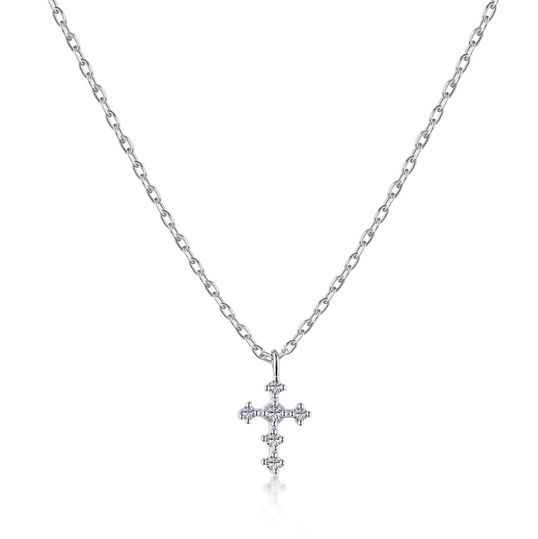 Lantisor argint, dama, argint 925, pandantiv cruce, cristale albe, argintiu,1,72gr