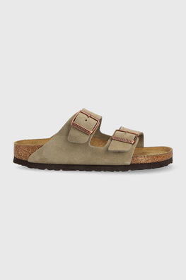 Papuci Din Piele Arizona Birkenstock Dama Bej, Piele Intoarsa, Toc Plat