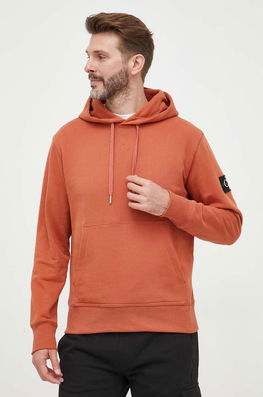 Calvin Klein Jeans Hanorac De Bumbac Barbati, Culoarea Portocaliu, Cu Glugă, Cu Imprimeu Bărbaţi