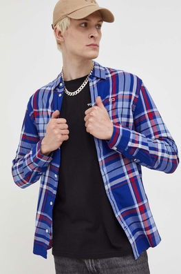 Tommy Jeans Camasa Din Bumbac Barbati, Culoarea Albastru Marin, Cu Guler Clasic, Regular Bărbaţi Bleumarin, Casual, Model Grila