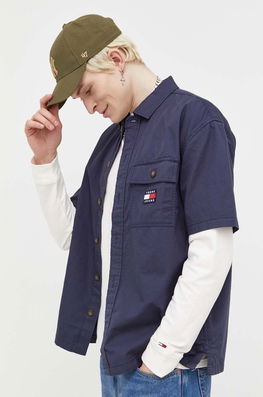Tommy Jeans Camasa Din Bumbac Barbati, Culoarea Albastru Marin, Cu Guler Clasic, Relaxed Bărbaţi Bleumarin, Casual