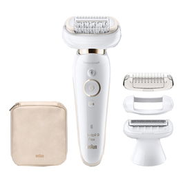Epilator Braun Silk-épil 9 9/9002 Sistem Flex, SensoSmart, Micro-Grip, Wet & Dry, 40 pensete, 2 viteze, cap de ras, Geanta pentru voiaj, Alb/Auriu