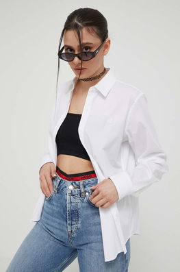 HUGO Camasa Femei, Culoarea Alb, Cu Guler Clasic, Regular Dama, Cu Elastan, Elegant