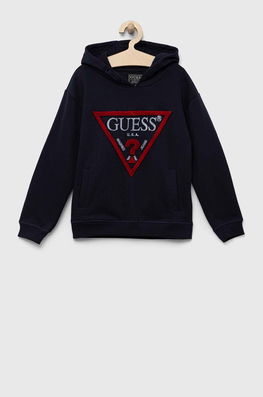 Guess Hanorac De Bumbac Pentru Copii Culoarea Albastru Marin, Cu Glugă, Cu Imprimeu Bleumarin
