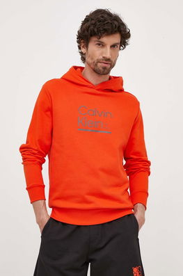 Calvin Klein Hanorac De Bumbac Barbati, Culoarea Portocaliu, Cu Glugă, Cu Imprimeu Bărbaţi, Model Print