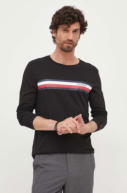 Tommy Hilfiger Longsleeve Din Bumbac Culoarea Negru, Cu Imprimeu Bărbaţi, Model Print