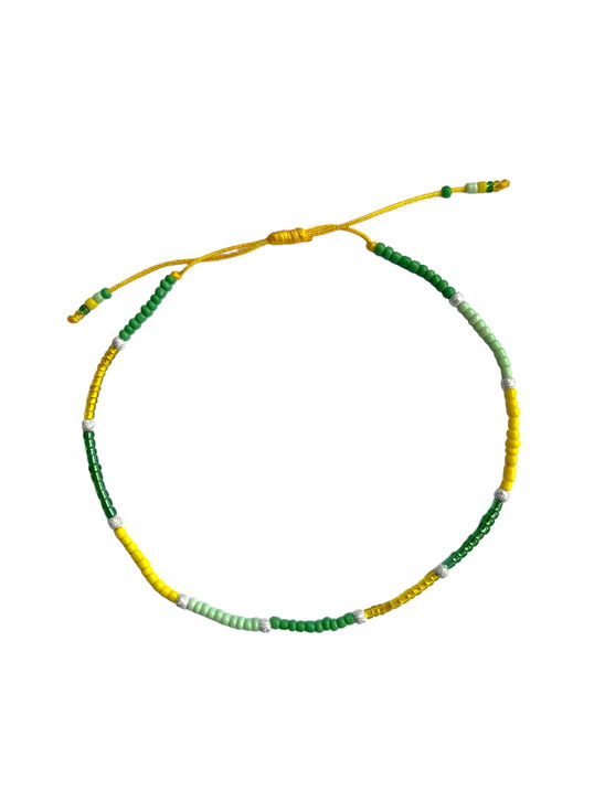Bratara de picior cu 10 bile argint si margele colorate, snur reglabil, galben, dama