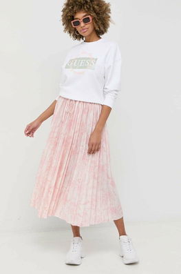 Guess Fusta Culoarea Roz, Midi, Evazati Dama, Panza, Casual, Model Flori