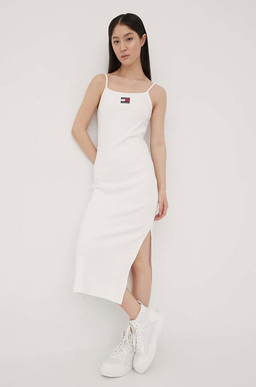 Tommy Jeans Rochie Culoarea Alb, Midi, Mulata Dama, Tricotaj, Casual