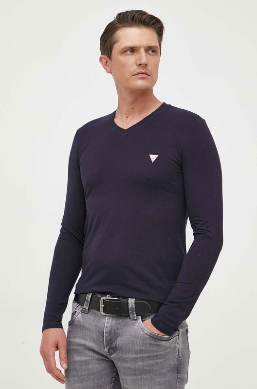 Guess Longsleeve Barbati, Culoarea Albastru Marin, Neted Bărbaţi Bleumarin, Cu Elastan