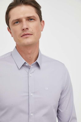 Calvin Klein Camasa Barbati, Culoarea Gri, Cu Guler Clasic, Slim Bărbaţi, Cu Elastan, Elegant