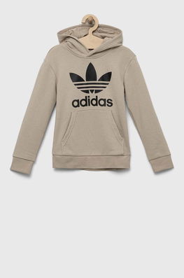 Adidas Originals Bluza Copii TREFOIL Culoarea Bej, Cu Glugă, Cu Imprimeu, Model Print