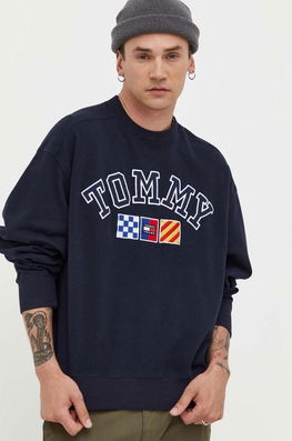 Tommy Jeans Hanorac De Bumbac Barbati, Culoarea Albastru Marin, Melanj Bărbaţi Bleumarin