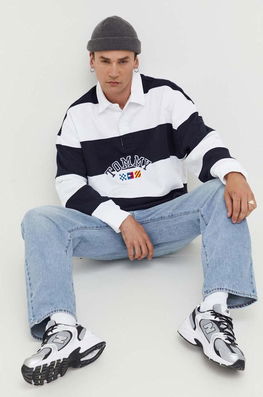 Tommy Jeans Hanorac De Bumbac Barbati, Culoarea Albastru Marin, Modelator Bărbaţi Bleumarin, Model Imprimeu