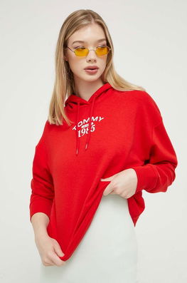Tommy Jeans Bluza Femei, Culoarea Rosu, Cu Glugă, Cu Imprimeu Dama, Model Print