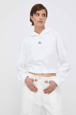 Calvin Klein Jeans Bluza Femei, Culoarea Bej, Cu Glugă, Cu Imprimeu Dama, Cu Elastan