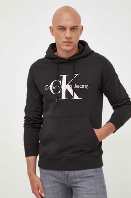 Calvin Klein Jeans Hanorac De Bumbac Barbati, Culoarea Negru, Cu Glugă, Cu Imprimeu Bărbaţi
